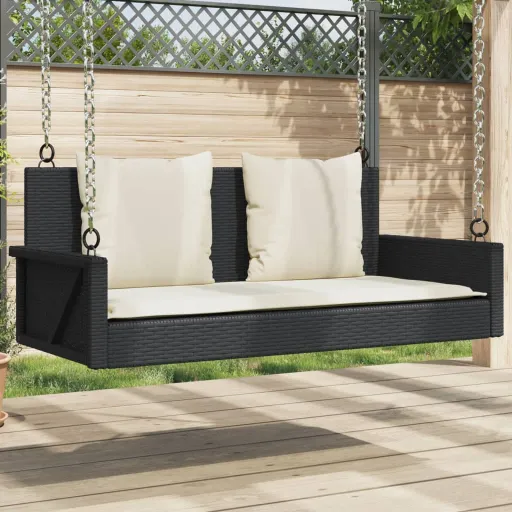 Banco de Balanço com Almofadas Preto 119x56x48 cm Vime Sintético