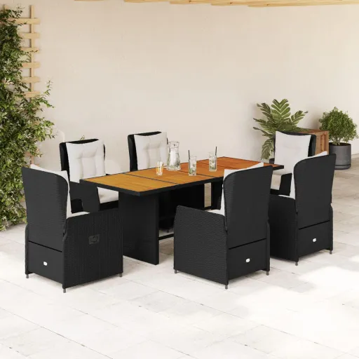 Conjunto de Jantar p/ Jardim c/ Almofadões Vime PE Preto (7 pcs)