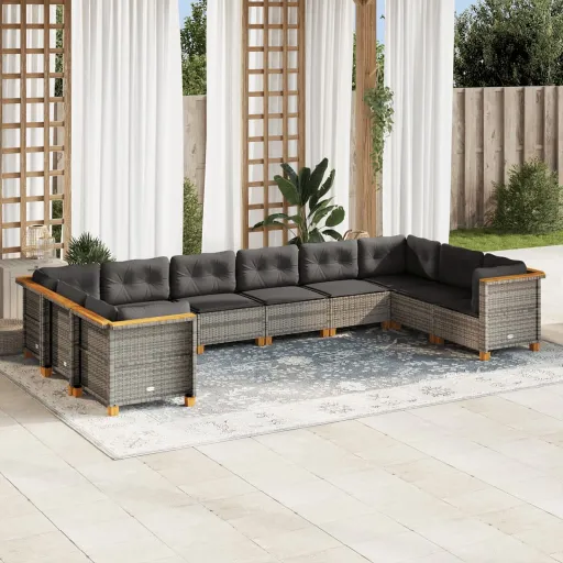 Conjunto Sofás de Jardim c/ Almofadões Vime PE Cinzento (10 pcs)