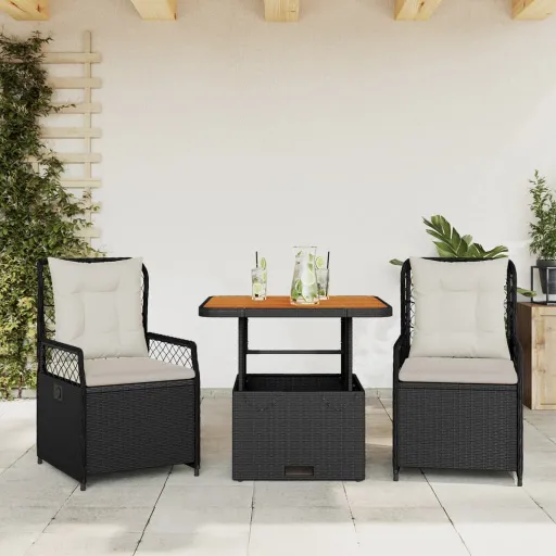 Conjunto de Jantar p/ Jardim c/ Almofadões Vime PE Preto (3 pcs)