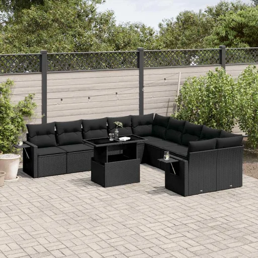 Conjunto Sofás de Jardim c/ Almofadões Vime PE Preto (11 pcs)