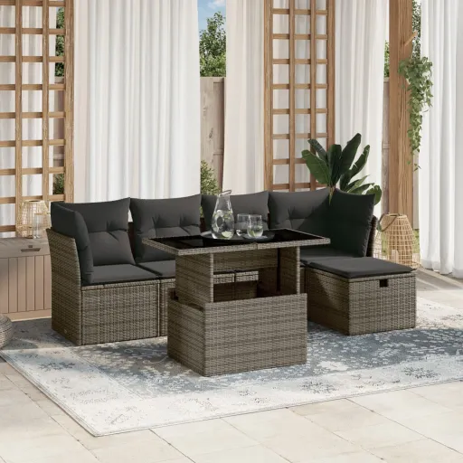 Conjunto Sofás de Jardim com Almofadões Vime Cinzento (6 pcs)