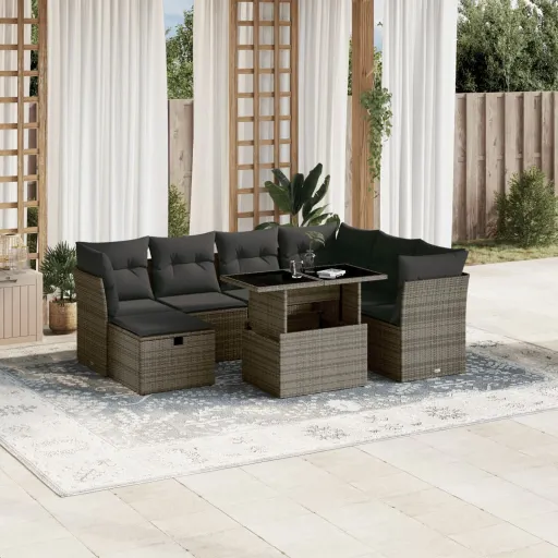 Conjunto Sofás de Jardim c/ Almofadões Vime PE Cinzento (8 pcs)