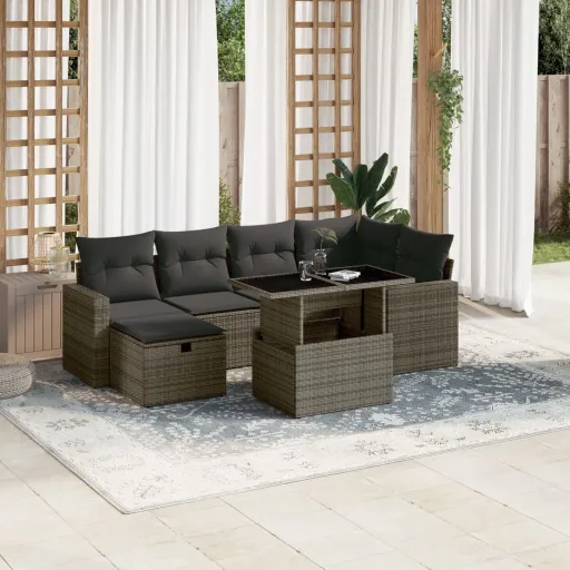 Conjunto Sofás p/ Jardim c/ Almofadões Vime PE Cinzento (7 pcs)