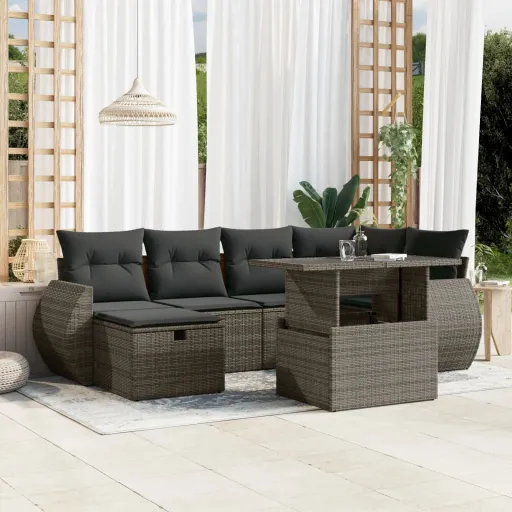 Conjunto Sofás p/ Jardim c/ Almofadões Vime PE Cinzento (7 pcs)
