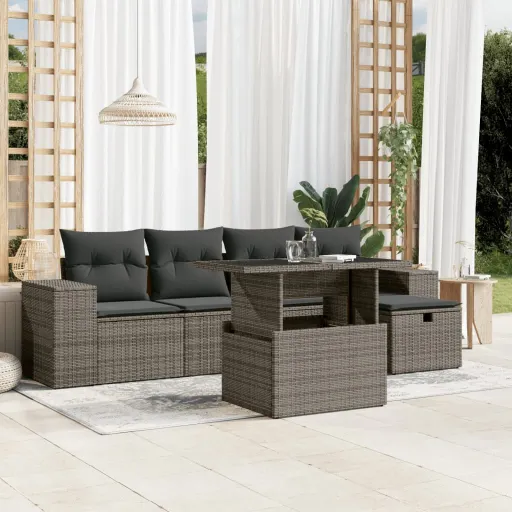 Conjunto Sofás de Jardim com Almofadões Vime Cinzento (6 pcs)