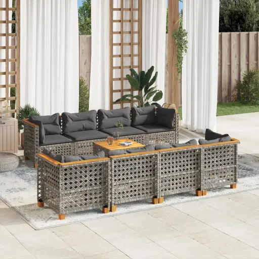 Conjunto Sofás p/ Jardim com Almofadões Vime PE Cinzento (9 pcs)