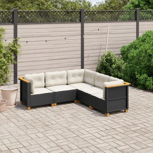 Conjunto Sofás de Jardim com Almofadões Vime PE Preto (5 pcs)