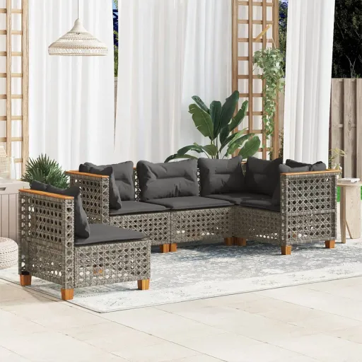 Conjunto Sofás de Jardim c/ Almofadões Vime PE Cinzento (5 pcs)