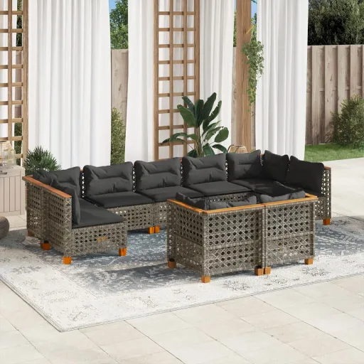 Conjunto Sofás p/ Jardim com Almofadões Vime PE Cinzento (9 pcs)