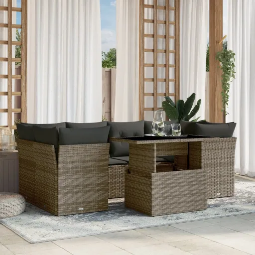 Conjunto Sofás p/ Jardim c/ Almofadões Vime PE Cinzento (7 pcs)