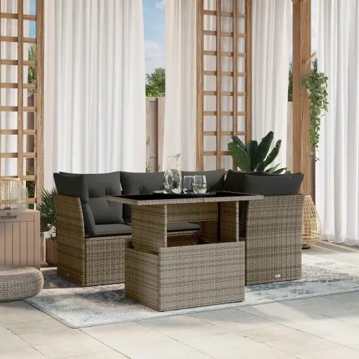 Conjunto Sofás de Jardim c/ Almofadões Vime PE Cinzento (5 pcs)
