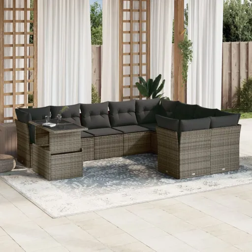 Conjunto Sofás de Jardim c/ Almofadões Vime PE Cinzento (10 pcs)