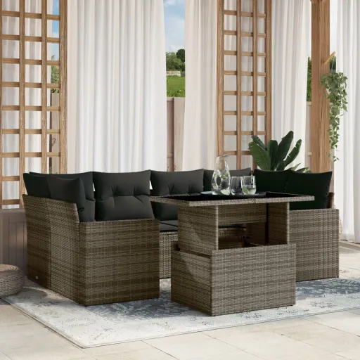 Conjunto Sofás p/ Jardim c/ Almofadões Vime PE Cinzento (7 pcs)