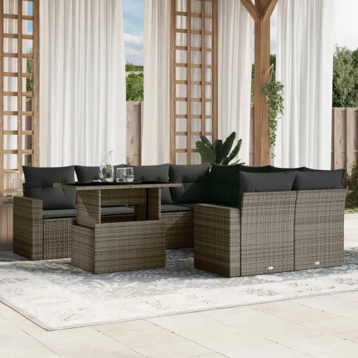 Conjunto Sofás p/ Jardim com Almofadões Vime PE Cinzento (9 pcs)