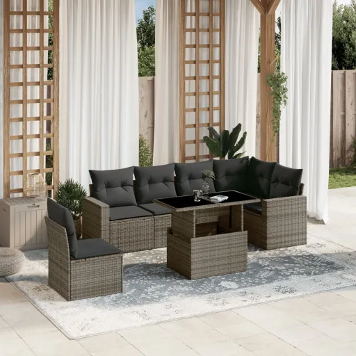 Conjunto Sofás p/ Jardim c/ Almofadões Vime PE Cinzento (7 pcs)