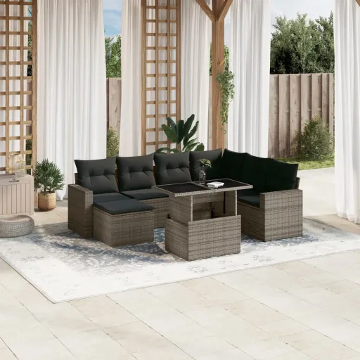 Conjunto Sofás de Jardim c/ Almofadões Vime PE Cinzento (8 pcs)