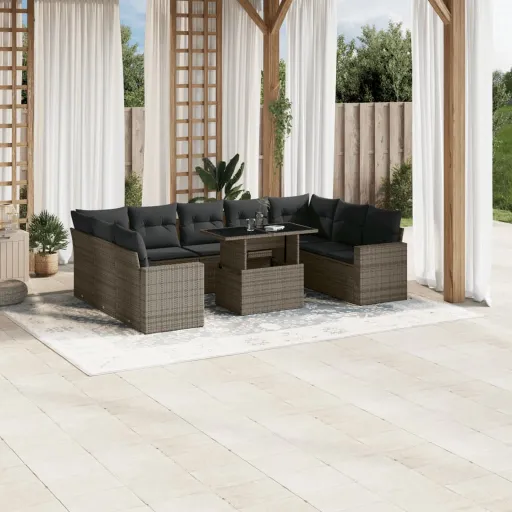 Conjunto Sofás de Jardim c/ Almofadões Vime PE Cinzento (10 pcs)