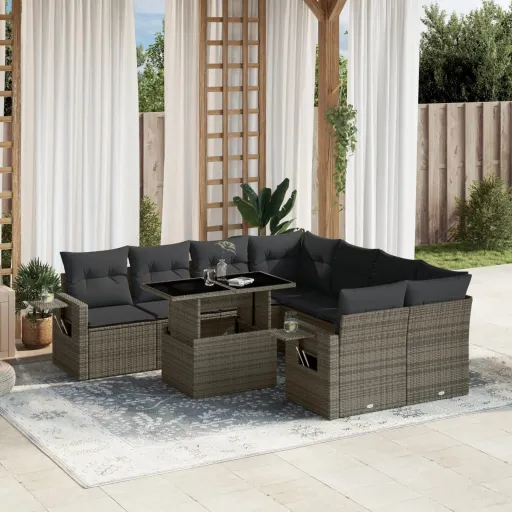 Conjunto Sofás p/ Jardim com Almofadões Vime PE Cinzento (9 pcs)