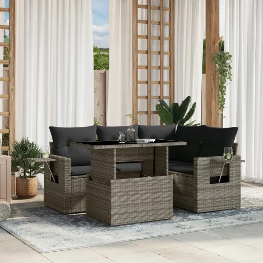 Conjunto Sofás de Jardim c/ Almofadões Vime PE Cinzento (5 pcs)