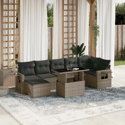 Conjunto Sofás de Jardim c/ Almofadões Vime PE Cinzento (8 pcs)