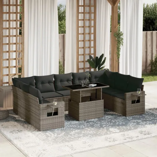 Conjunto Sofás de Jardim c/ Almofadões Vime PE Cinzento (10 pcs)