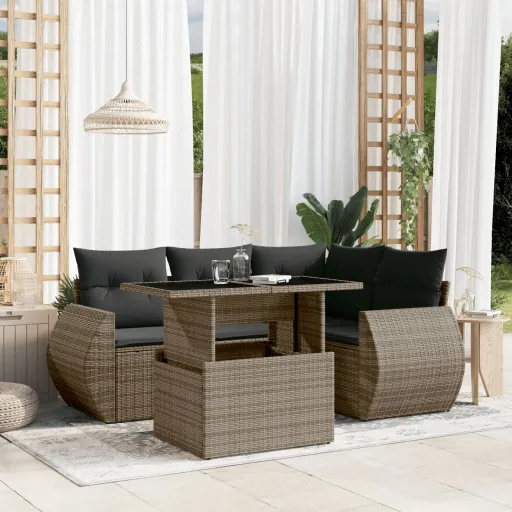 Conjunto Sofás de Jardim c/ Almofadões Vime PE Cinzento (5 pcs)