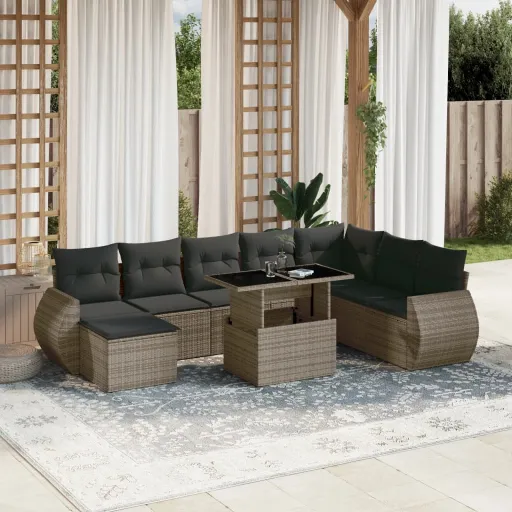 Conjunto Sofás p/ Jardim com Almofadões Vime PE Cinzento (9 pcs)