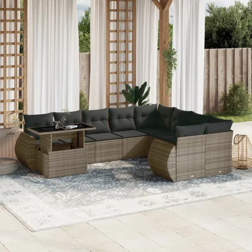 Conjunto Sofás de Jardim c/ Almofadões Vime PE Cinzento (10 pcs)