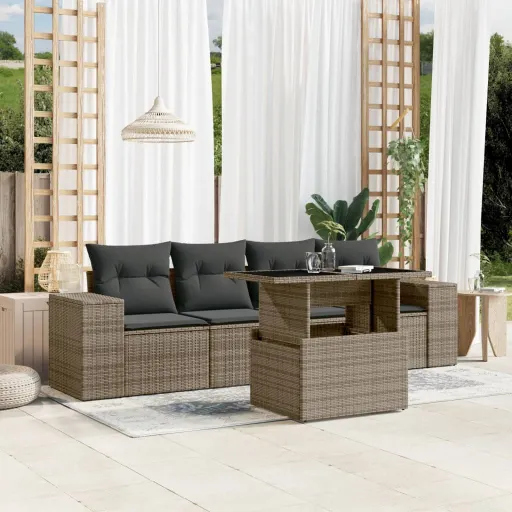 Conjunto Sofás de Jardim c/ Almofadões Vime PE Cinzento (5 pcs)