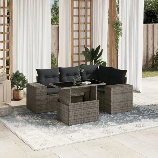 Conjunto Sofás de Jardim c/ Almofadões Vime PE Cinzento (5 pcs)