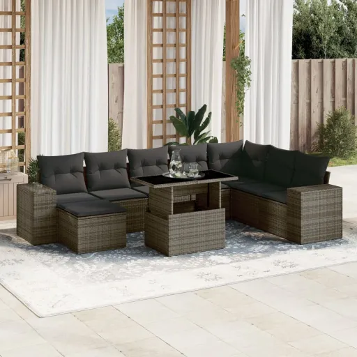 Conjunto Sofás p/ Jardim com Almofadões Vime PE Cinzento (9 pcs)