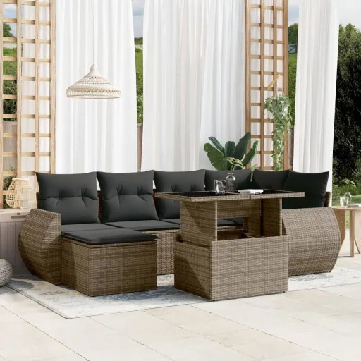 Conjunto Sofás p/ Jardim c/ Almofadões Vime PE Cinzento (7 pcs)
