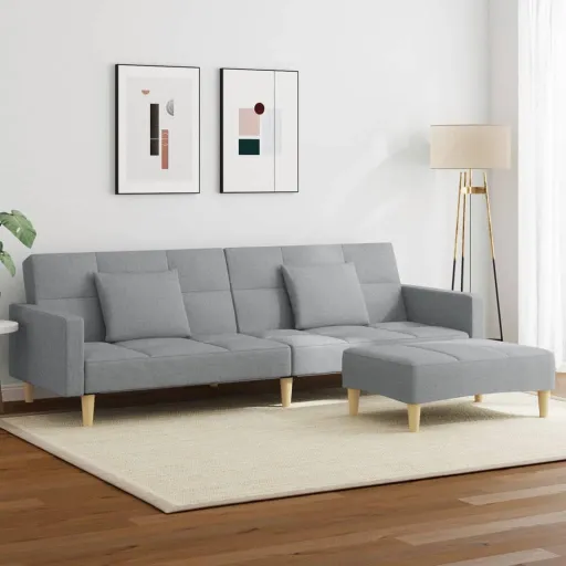 Sofá-Cama de 2 Lugares c/ Apoio de Pés Tecido Cinzento-Claro