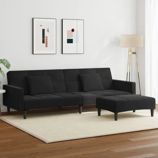 Sofá-Cama 2 Lugares c/ Apoio de Pés Veludo Preto