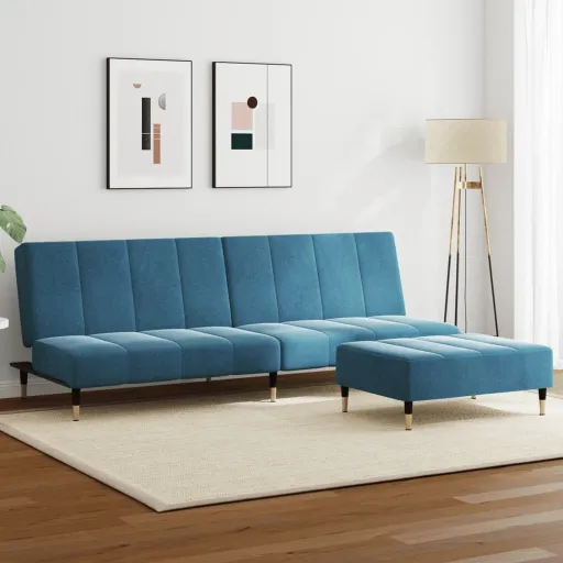 Sofá-Cama 2 Lugares c/ Apoio de Pés Veludo Azul