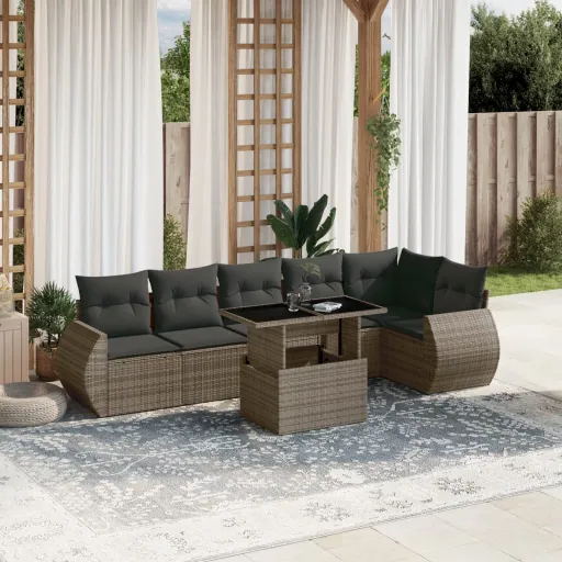 Conjunto Sofás p/ Jardim c/ Almofadões Vime PE Cinzento (7 pcs)