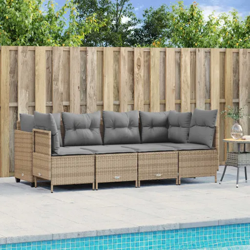 Conjunto de Sofás p/ Jardim com Almofadões Vime PE Bege (5 pcs)