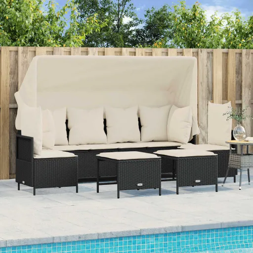 Conjunto Sofás de Jardim com Almofadões Vime PE Preto (5 pcs)