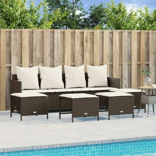 Conjunto Sofás p/ Jardim c/ Almofadões Vime PE Castanho (5 pcs)