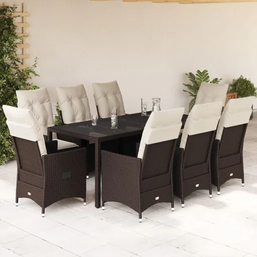 Conjunto Jantar p/ Jardim c/ Almofadões Vime PE Castanho (9 pcs)