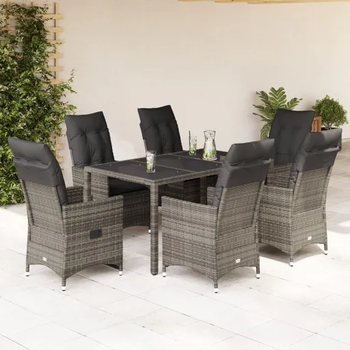 Conjunto de Jantar p/ Jardim c/ Almofadões Vime PE Cinza (7 pcs)