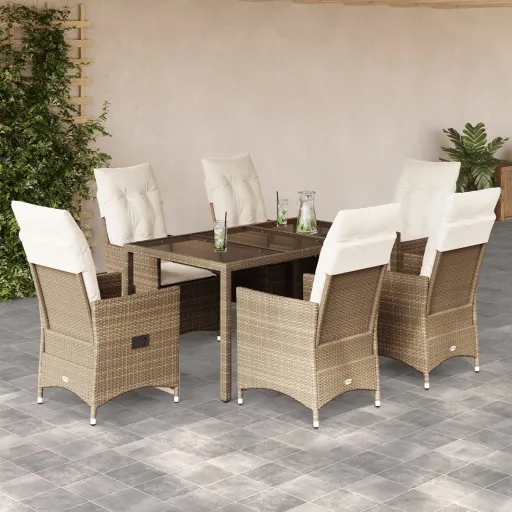 Conjunto de Jantar p/ Jardim com Almofadões Vime PE Bege (7 pcs)