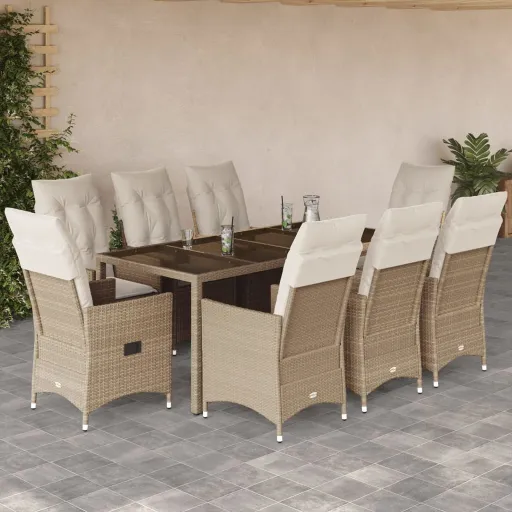 Conjunto de Jantar p/ Jardim com Almofadões Vime PE Bege (9 pcs)