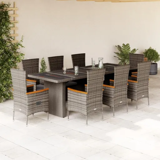 Conjunto de Jantar p/ Jardim c/ Almofadões Vime PE Cinza (9 pcs)