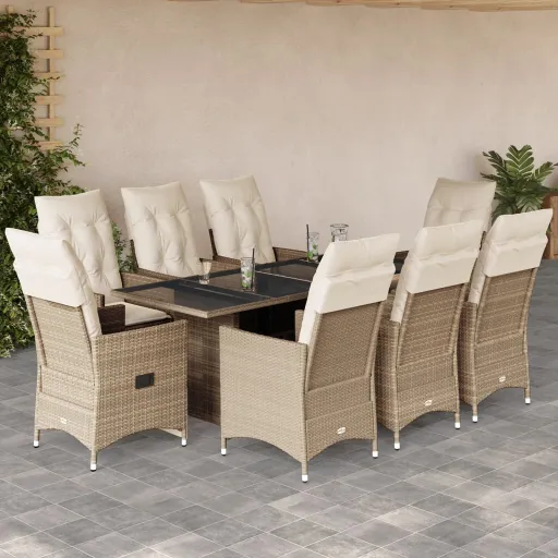 Conjunto de Jantar p/ Jardim com Almofadões Vime PE Bege (9 pcs)
