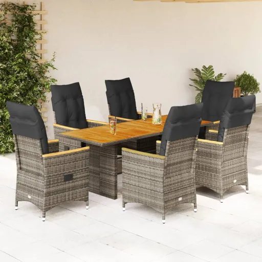 Conjunto de Jantar p/ Jardim c/ Almofadões Vime PE Cinza (7 pcs)