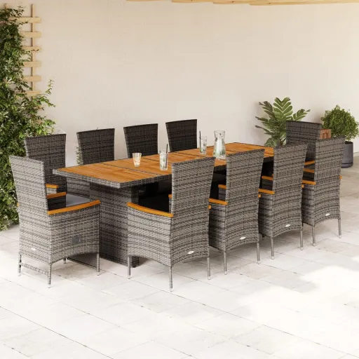 Conjunto Jantar p/ Jardim c/ Almofadões Vime PE Cinzento (11 pcs)