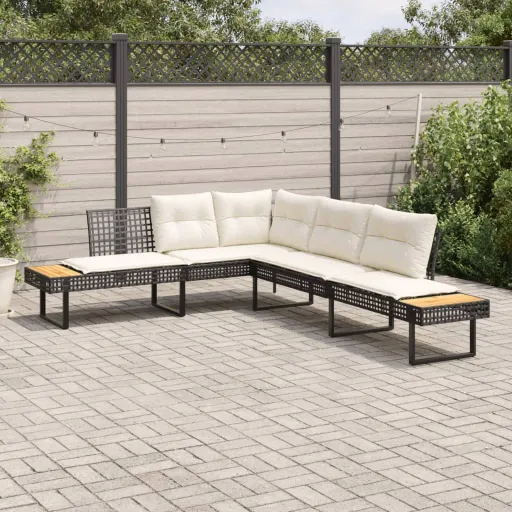 Sofá de Jardim em Forma de L c/ Almofadões Vime PE/Acácia Preto