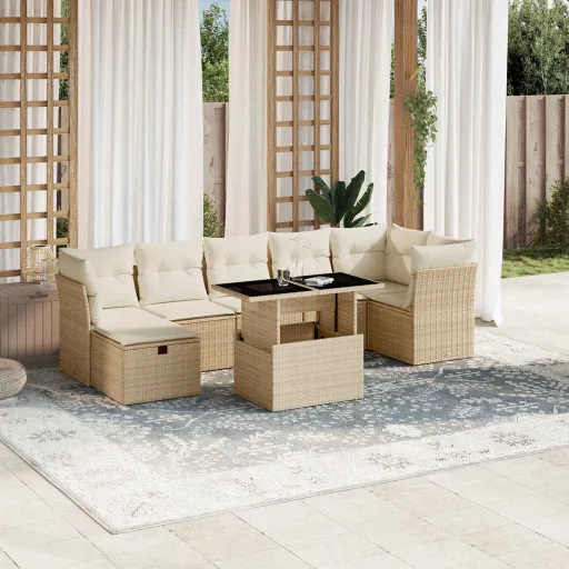 Conjunto de Sofás p/ Jardim com Almofadões Vime PE Bege (8 pcs)